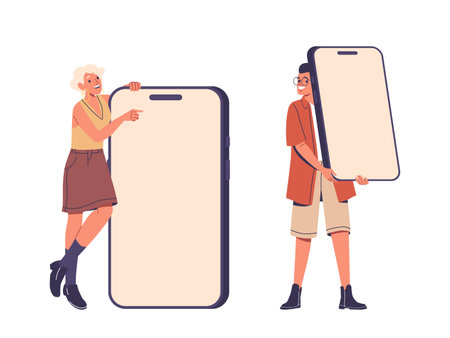 Two Cartoon Characters Presenting An Oversized Mobile Phone Screen With A Playful Gesture Take On Technologyのイラスト素材
