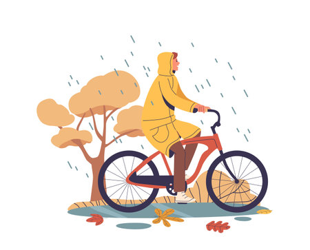 Character In A Yellow Raincoat Riding A Bicycle In A Scenic Autumn Rainy Environment With Falling Leaves And A Treeのイラスト素材