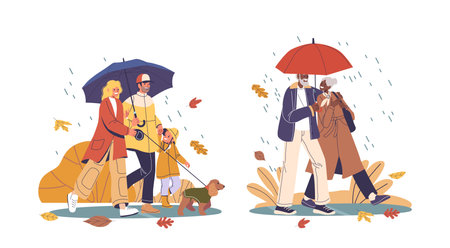 Two Couples With Bright Clothing And Smiling Faces Walking With Umbrellas On A Rainy Day. Cartoon Vector Sceneのイラスト素材