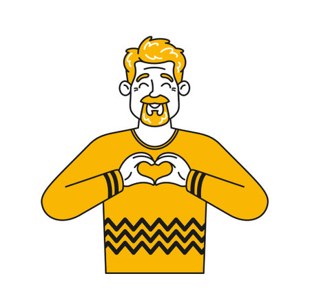Doodle Art Of Man Expressing Joy And Love With His Hands Shaped As A Heart Representing Positivity...