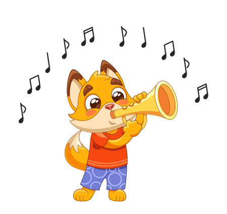 Colorful Cartoon Image Of Fox or Cat Joyfully Playing A Trumpet. Enthusiastic Animal Character Is Surrounded By Notesのイラスト素材