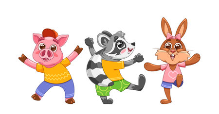 Charming Cartoon Animals Joyfully Dancing Together. Illustration of Pig, Raccoon, Rabbit Show Off Their Energetic Movesのイラスト素材