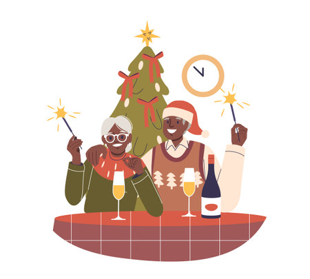 Elderly Couple Joyfully Celebrating Christmas Together With Sparklers And Drinks Around A Festive Decor, Vector Sceneのイラスト素材
