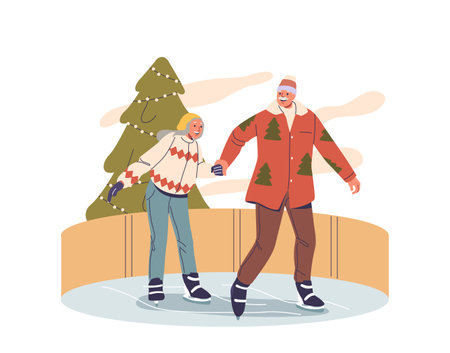 Elderly Couple Ice Skating On A Festive Rink Holding Hands And Smiling, Showcasing Joyful Winter Christmas Celebrationのイラスト素材