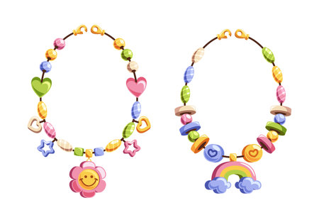Colorful Beaded Bracelets With Playful Design And Charming Elements That Include Hearts Stars, Rainbow, Flowersのイラスト素材