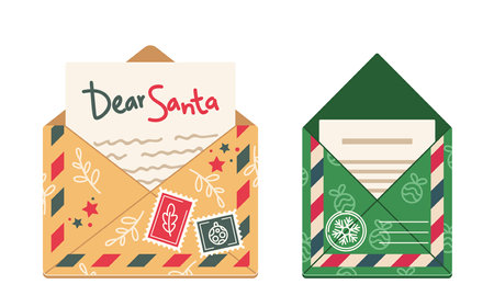 Festive Cartoon Christmas Envelopes Depicted In A Warm And Cheerful Style, Featuring Seasonal Decorationsのイラスト素材