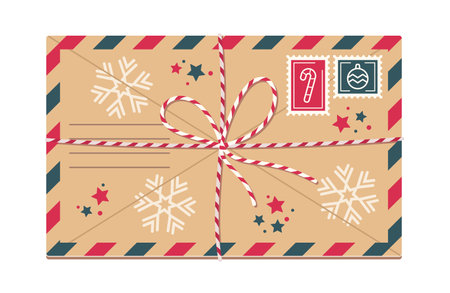 Charming Christmas Envelope Showcasing Decorative Snowflakes And Stars Complete With Festive Stampsのイラスト素材