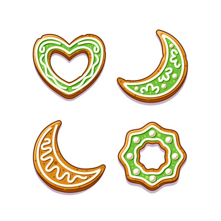 Delicious Decorative Gingerbread Cookies With Colorful Icing Featuring Heart, Crescent Moon, And Flower Shapesのイラスト素材