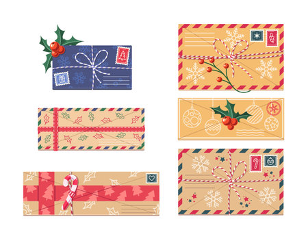 Festive Christmas Envelopes Set Featuring Vibrant Colors And Decorative Elements Such As Holly, Snowflakes, Ornamentsのイラスト素材