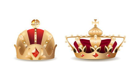 Detailed Two Golden King or Queen Crowns With Red And White Details Exhibiting Royalty And Elegance For Luxuryのイラスト素材