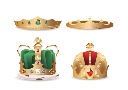Elegant Golden Crowns Adorned With Colorful Gemstones And Pearls, Perfectly Capturing The Essence Of Royalty And Luxuryのイラスト素材