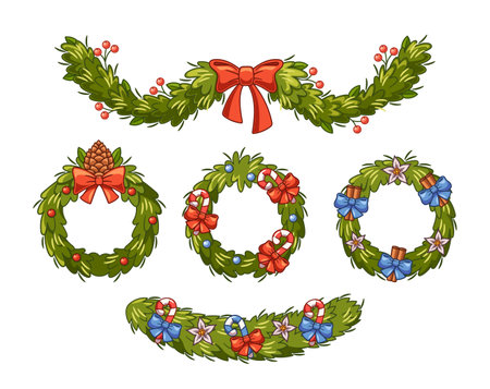 Set Of Christmas Tree Wreaths And Garlands Adorned With Festive Elements Like Red Bows, Pine Cones, And Candy Canesのイラスト素材