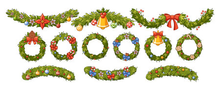 Cartoon Illustrations Show Festive Christmas Wreaths And Garlands Adorned With Colorful Ribbons, Bells, And Ornamentsのイラスト素材