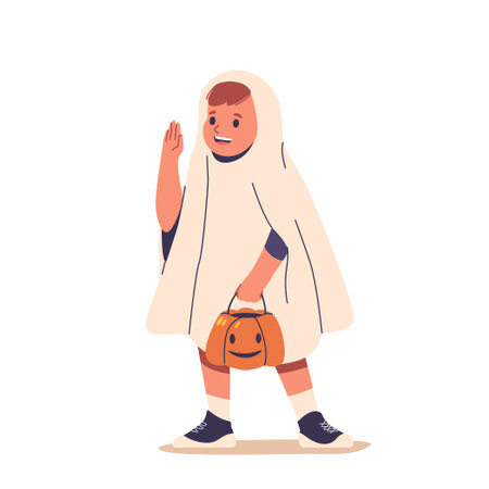 Happy Cartoon Child Dressed In A Cute Ghost Costume Smiling And Holding An Orange Pumpkin Bagのイラスト素材