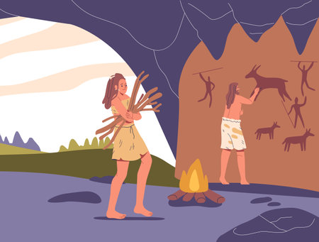 Stone Age People Engaged In Daily Life With One Carrying Wood And Another Creating Cave Art Inside A Rock Shelterのイラスト素材