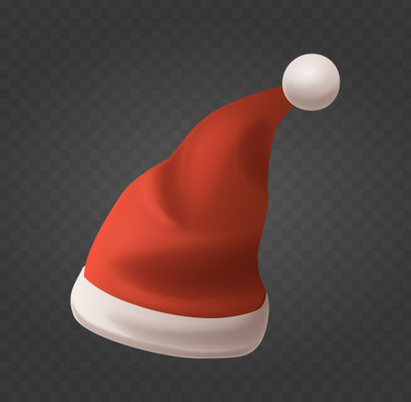 Bright Red Santa Claus Hat With Fluffy White Trim And Pom-Pom Isolated On Transparent Backgroundのイラスト素材