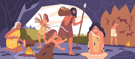 Prehistoric Family Engaged In Various Activities Inside A Stone Age Cave Setting With Cave Paintings On The Wallsのイラスト素材