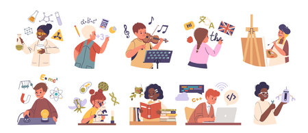 Schoolchildren Engage In Various Subjects, Demonstrating Diverse Skills And Interests, Including Science, Art, Musicのイラスト素材