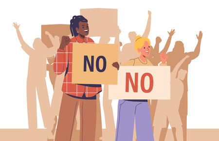 Young people activists cartoon characters holding no sign placards participating at social gatheringのイラスト素材