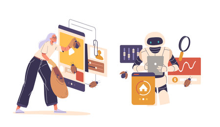 Young woman and AI chatbot testing software functionality, searching malware and debuggingのイラスト素材