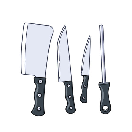 Different sharp table knives, musat steel sharpener sharpener set isolated on white backgroundのイラスト素材