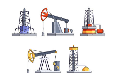 Oil rigs and pump station, oilfield platform and chemical wells development isolated set on whiteのイラスト素材