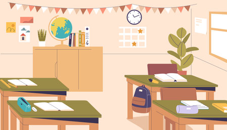 Empty no people school class for primary or elementary students with modern furniture interiorのイラスト素材
