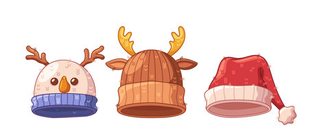 Funny festive winter hats for celebration Christmas and new year outdoors isolated set on whiteのイラスト素材