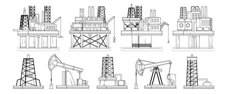 Land, offshore platform, oil rigs, pump station for fossil fuel deposits exploration black-and-whiteのイラスト素材