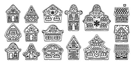 Christmas gingerbread houses homemade cookies black-and-white design isolated xmas sweets setのイラスト素材