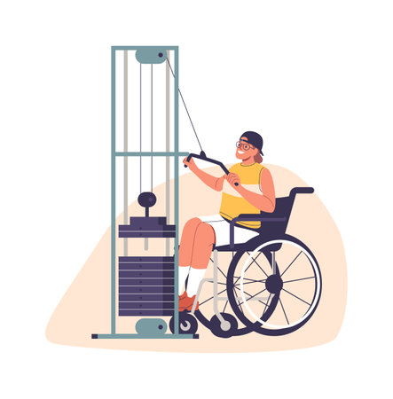 Cartoon man with special needs sitting in wheelchair lifting weights training in workout roomのイラスト素材