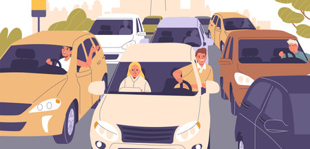 People driving car moving slowly in urban traffic jam auto flow cartoon vector illustrationのイラスト素材