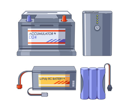 Alkaline cylinder and lithium polymer battery, automotive accumulator, portable powerbank setのイラスト素材