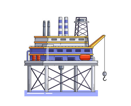 Oil, gas fossils extraction and production drilling rig, pumping jack and refinery offshore platformのイラスト素材