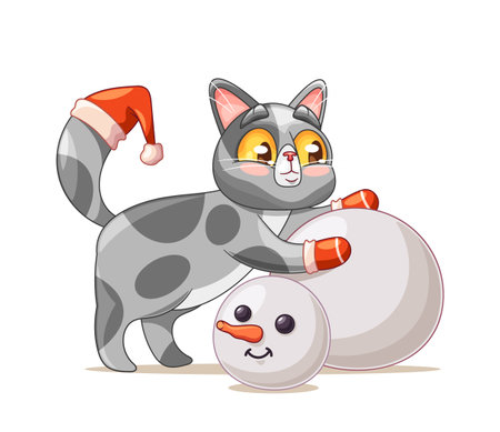 Cute cat Christmas cartoon character wearing santa hat on tail and mittens on paw making snowmanのイラスト素材
