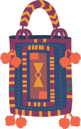 Textile patterned bag with pomponsのイラスト素材