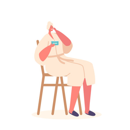 Young Adorable Woman Sitting On Chair Applying Facial Mask After Shower. Female Character Daily Routineのイラスト素材