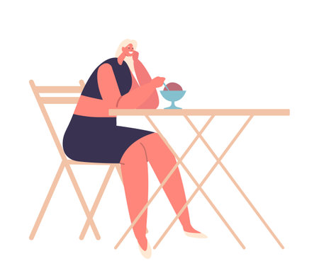 Young Woman Sitting In A Street Cafe Savoring A Luscious Ice Cream. Isolated Happy Female Character Enjoying Summerのイラスト素材