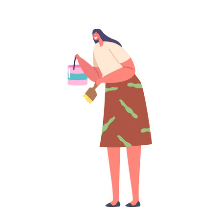Female with Roll and Bucket Painting Wall or Decorate Home Isolated on White Background. Woman Doing Renovation Worksのイラスト素材