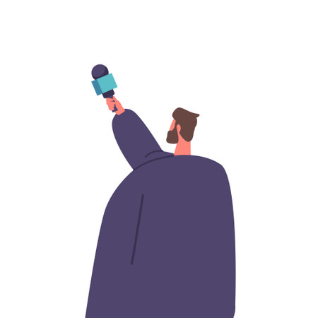Male Character with Microphone Rear View. Journalist Interviewing, Visiting Press Conference or Briefing for Live Newsのイラスト素材