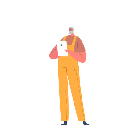 Farmer Male Character Uses Tablet Pc To Access The Latest Data And Analytics, Demonstrating Cartoon Vector Illustrationのイラスト素材