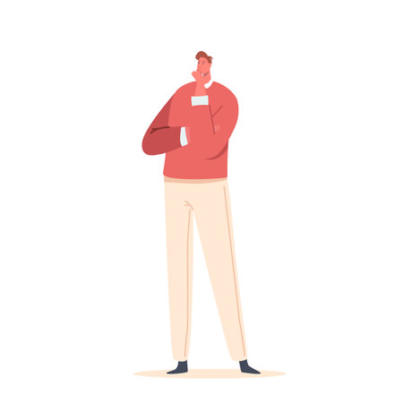 Thoughtful Man Character Ponders Financial Issues. Competent Use of Savings. Cartoon People Vector Illustrationのイラスト素材
