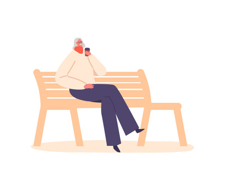 Elderly Woman Enjoying A Cup Of Coffee On A Peaceful Bench, Aged Female Character Savoring The Momentのイラスト素材