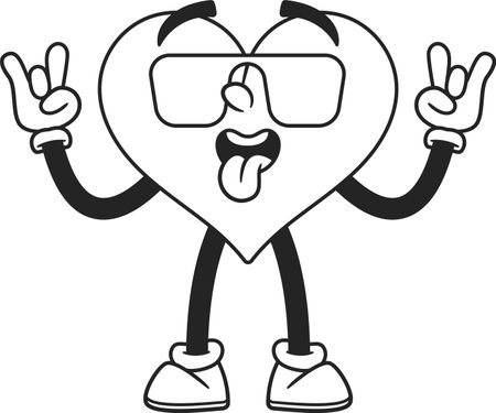 Funky heart emoticon black-and-white vector illustrationのイラスト素材