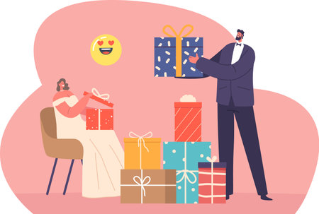 Bride groom unpacking gift boxesのイラスト素材