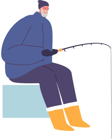 Retired man enjoying winter fishingのイラスト素材