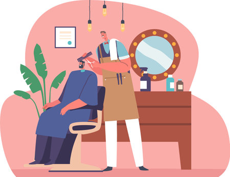 Barber cutting male client hairのイラスト素材