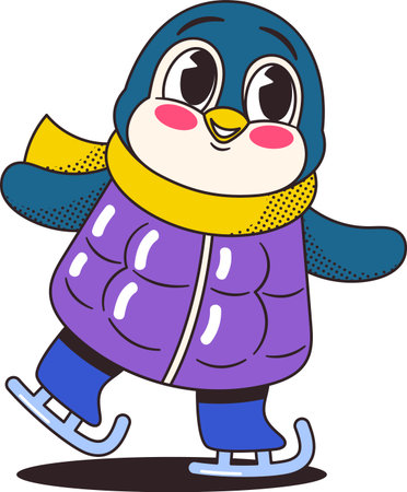Little retro groovy penguin ice-skatingのイラスト素材