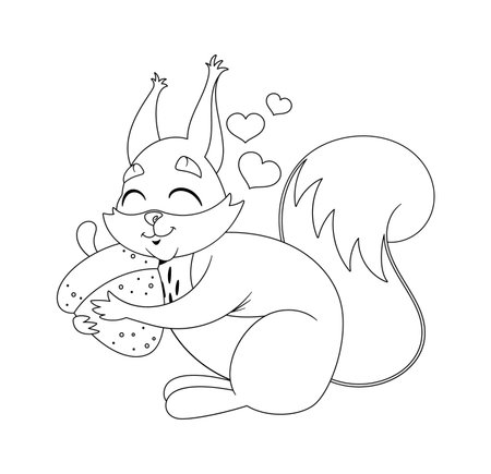 Black-and-white squirrel character hugging acornのイラスト素材