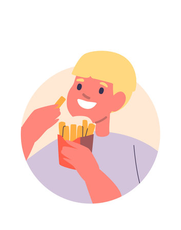 Boy eating fried french potatoのイラスト素材